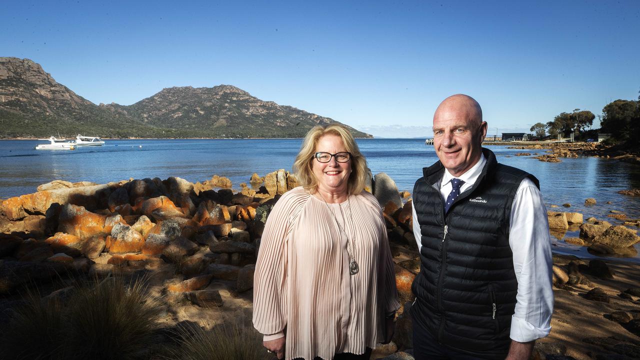 Tasmanian Premier Peter Gutwein and East Coast Tasmania Tourism CEO Rhonda Taylor at Coles Bay. Picture: Chris Kidd
