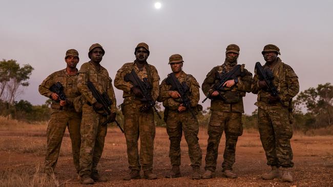 Norforce Darwin Squadron, a tactical reconnaissance military unit, on long range patrol in the Top End. Sergeant Chris Diamond, Private Blake Djammarr Carter, Gunner Liam Mercurio, Gunner Toby Spring and Private Misman Kris during patrol of Sandy Creek, west of Daly River. Picture: Dylan Robinson