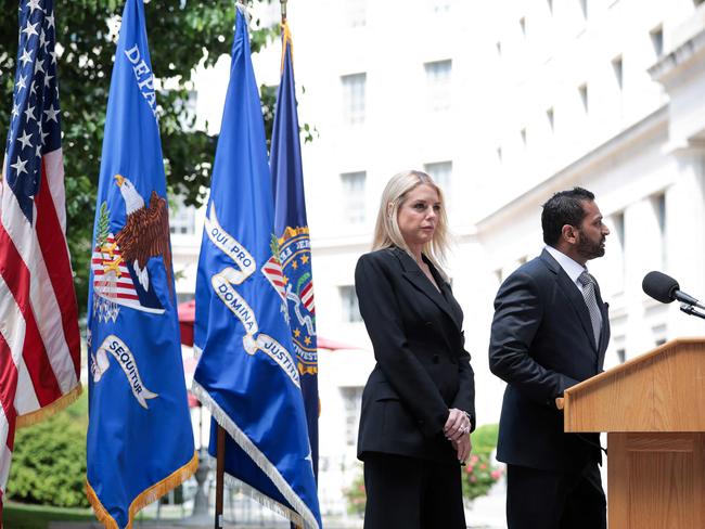 U.S. Attorney General Pam Bondi (L) and Director of the Federal Bureau of Investigation (FBI) Kash Patel (R) speak during a press conference to announce the results of Operation Restore Justice, which targets child sex offenders. Picture: Getty Images via AFP