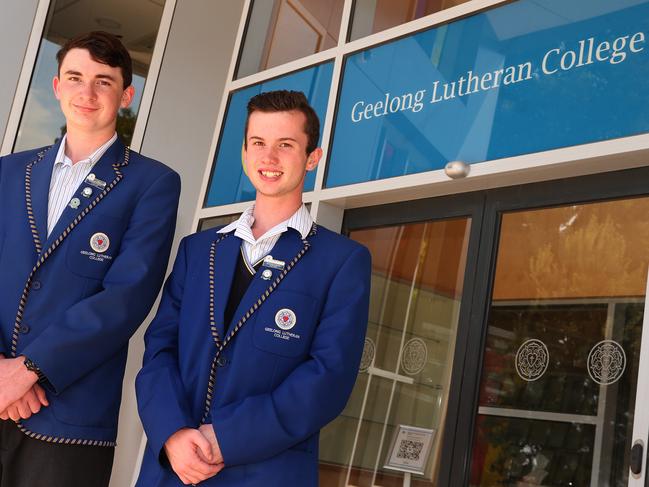 Geelong Lutheran College at Armstrong Creek will receive millions from the state government. Pictured are 2021 captains Grady Bell and Owen Wallace. Picture: Alison Wynd