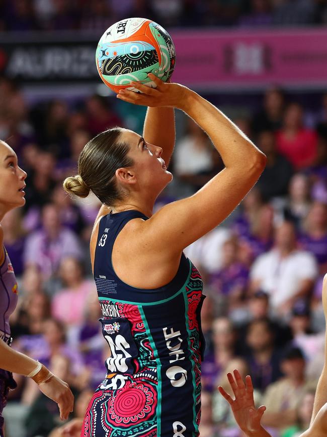 Sophie Garbin celebrated her 100th Super Netball game. Picture: Chris Hyde/Getty Images