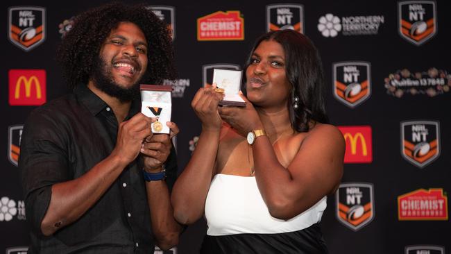 Caleb Niki and Ellie Niki at the 2023 NRL NT Frank Johnson / Gaynor Maggs medal night. Picture: Pema Tamang Pakhrin