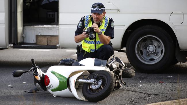 Major Crash on the scene of a collision between a motor scooter and bus that left a women in a serious condition. Picture Dean Martin