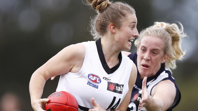 GEELONG, AUSTRALIA - MAY 05: Jessica Fitzgerald of the Knights and Gabbi Featherton of the Falcons contest the ball during the round eight NAB League Girls match between Geelong and the Northern Knights at Deakin University on May 05, 2019 in Geelong, Australia. (Photo by Daniel Pockett/AFL Photos/Getty Images)