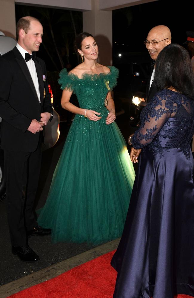 Kate wore a green gown by Jenny Packham and jewellery loaned by Her Majesty.