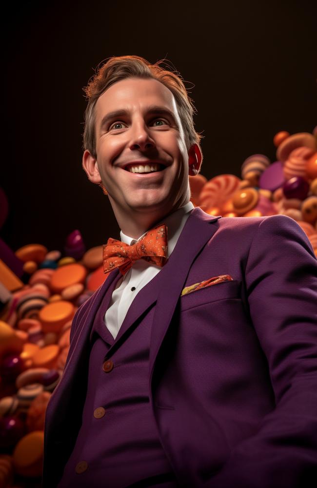 Federal Treasurer Jim Chalmers swaps dollars for chocolate coins in character as Willy Wonka.