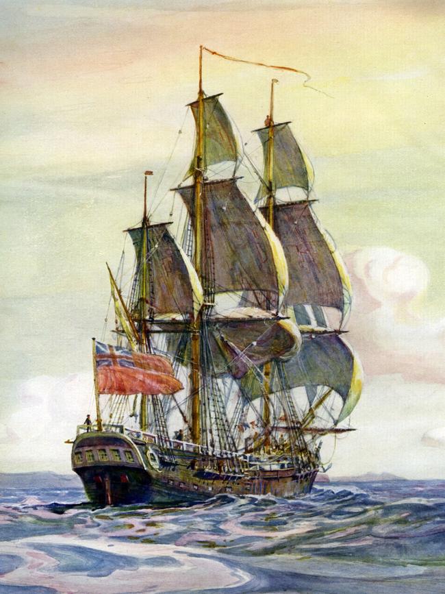 CEXY10 HMS ENDEAVOUR British Navy research vessel commanded by James Cook 1769-1771. Painting by naval historian Gregory Robinson