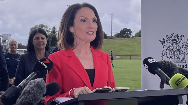 Sunshine Coast Mayor Rosanna Natoli speaking at the Sunshine Coast Stadium on May 17, 2024.