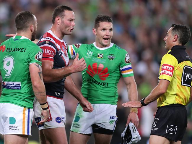 SYDNEY, AUSTRALIA - OCTOBER 06:  Boyd Cordner of the Roosters talks with referee Gerard Sutton during the 2019 NRL Grand Final match between the Canberra Raiders and the Sydney Roosters at ANZ Stadium on October 06, 2019 in Sydney, Australia. (Photo by Matt King/Getty Images)