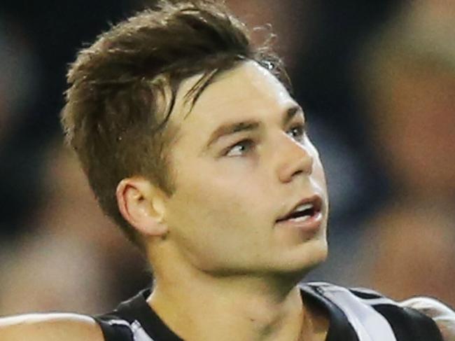 MELBOURNE, VICTORIA - MAY 01: Jamie Elliott celebrates a goal during the round five AFL match between the Carlton Blues and the Collingwood Magpies at Melbourne Cricket Ground on May 1, 2015 in Melbourne, Australia. (Photo by Michael Dodge/AFL Media/Getty Images)