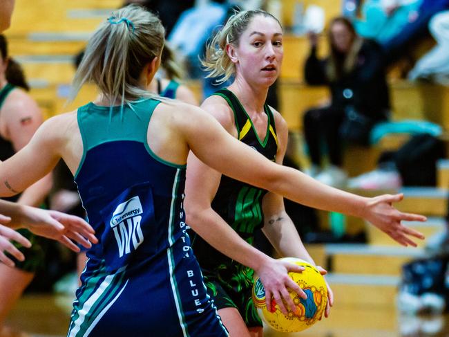 Tasmanian Netball League. Kingston Blues vs Cavaliers. Sunday 2nd July 2023. Shelby Miller of Cavaliers looks for a team mate.Picture: Linda Higginson