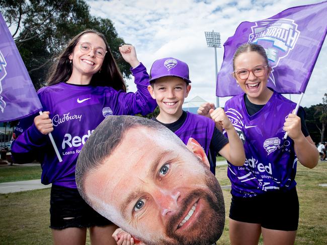 Hurricanes fans Bethany Scharvi, 12, Toby Scharvi, 10, and Georgia Sharvi, aged 14 are excited to watch the Hobart Hurricanes ahead of the BBL finals.Picture: Linda Higginson