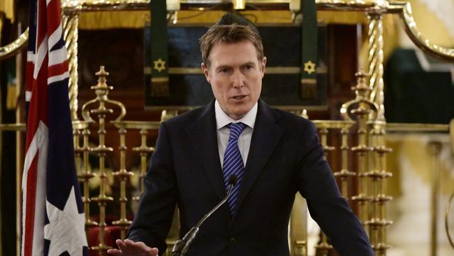 Attorney-General Christian Porter delivers a speech at The Great Synagogue in Sydney, Thursday, August 29, 2019. ttorney-General Christian Porter has released a draft bill introducing new protections against discrimination on the basis of religious belief or activity. (AAP Image/Bianca De Marchi) NO ARCHIVING