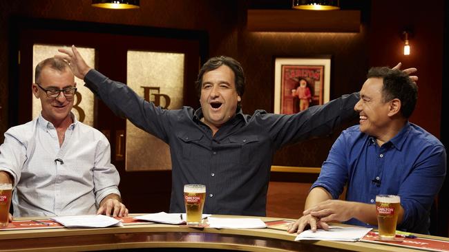 Andy Maher, Mick Molloy and Sam Pang on The Front Bar. Picture: Channel 7