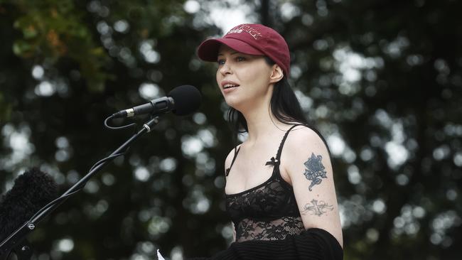 Cas Lee speaks. She Matters – Stop Killing Women Rally at Franklin Square Hobart. Picture: Nikki Davis-Jones