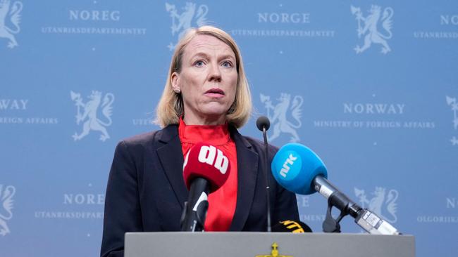 Anniken Huitfeldt announces the expulsions in Oslo on Thursday. Picture: AFP