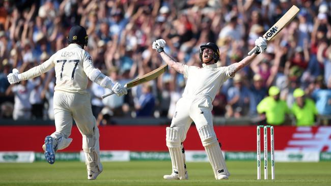 Jack Leach rushes to celebrate with Ben Stokes after the all-rounder struck the winning runs.