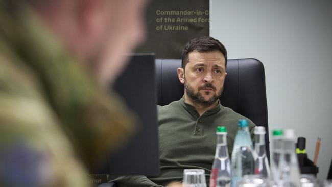 Ukrainian President Volodymyr Zelensky holds a meeting of his military cabinet in Kharkiv. Picture: Ukrainian Presidential Press Service/AFP