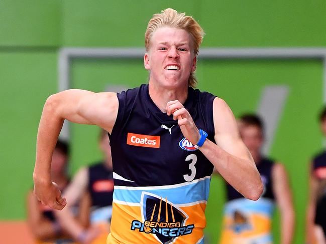 MELBOURNE, AUSTRALIA - MARCH 11: Tobie Travaglia of the Bendigo Pioneers in action during the 2023 Coates Talent League Boys Testing Day at Maribyrnong College on March 11 in Melbourne, Australia. (Photo by Josh Chadwick/AFL Photos)