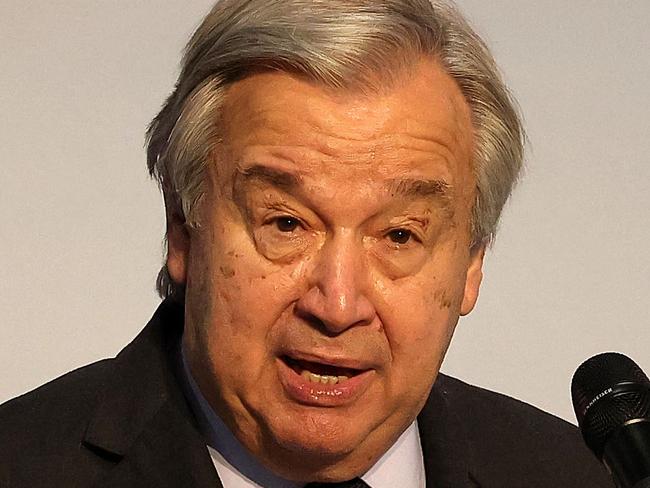 United Nations Secretary General Antonio Guterres speaks during a UN expert panel at the COP27 climate conference at the Sharm el-Sheikh International Convention Centre, in Egypt's Red Sea resort city of the same name, on November 8, 2022. (Photo by JOSEPH EID / AFP)