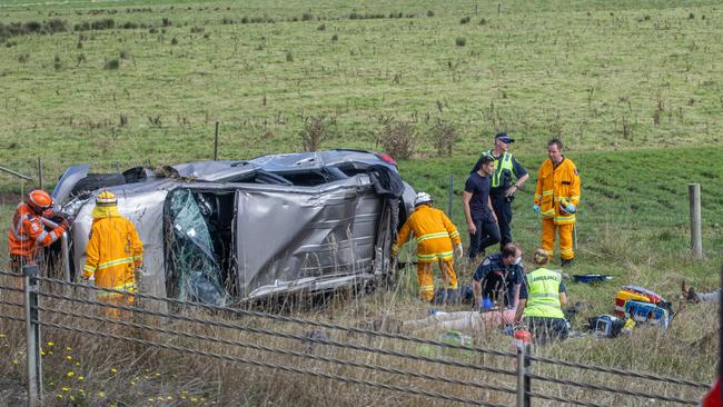 ELECTION TEAM 2022 LIBERAL BUS TOUR 14/4/2022 Prime Minister Scott Morrisons security detail have a car accident rolling several times on the highway between Launceston and Davenport near Elizabeth Town. Picture: Jason Edwards