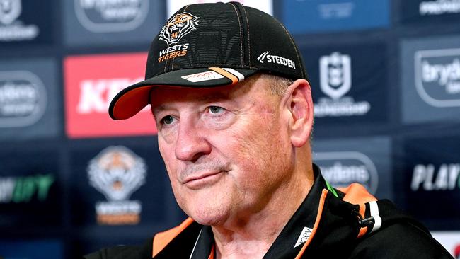 Coach Tim Sheens of the Tigers looks dejected as he speaks to the press. (Photo by Bradley Kanaris/Getty Images)