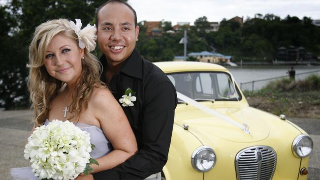 Jeff Lowe and Amanda Hansford were married at Brisbane Powerhouse on Valentine's Day, exactly six years after they met. Amanda arrived in the yellow, 1956 Austin A30 restored by her father.