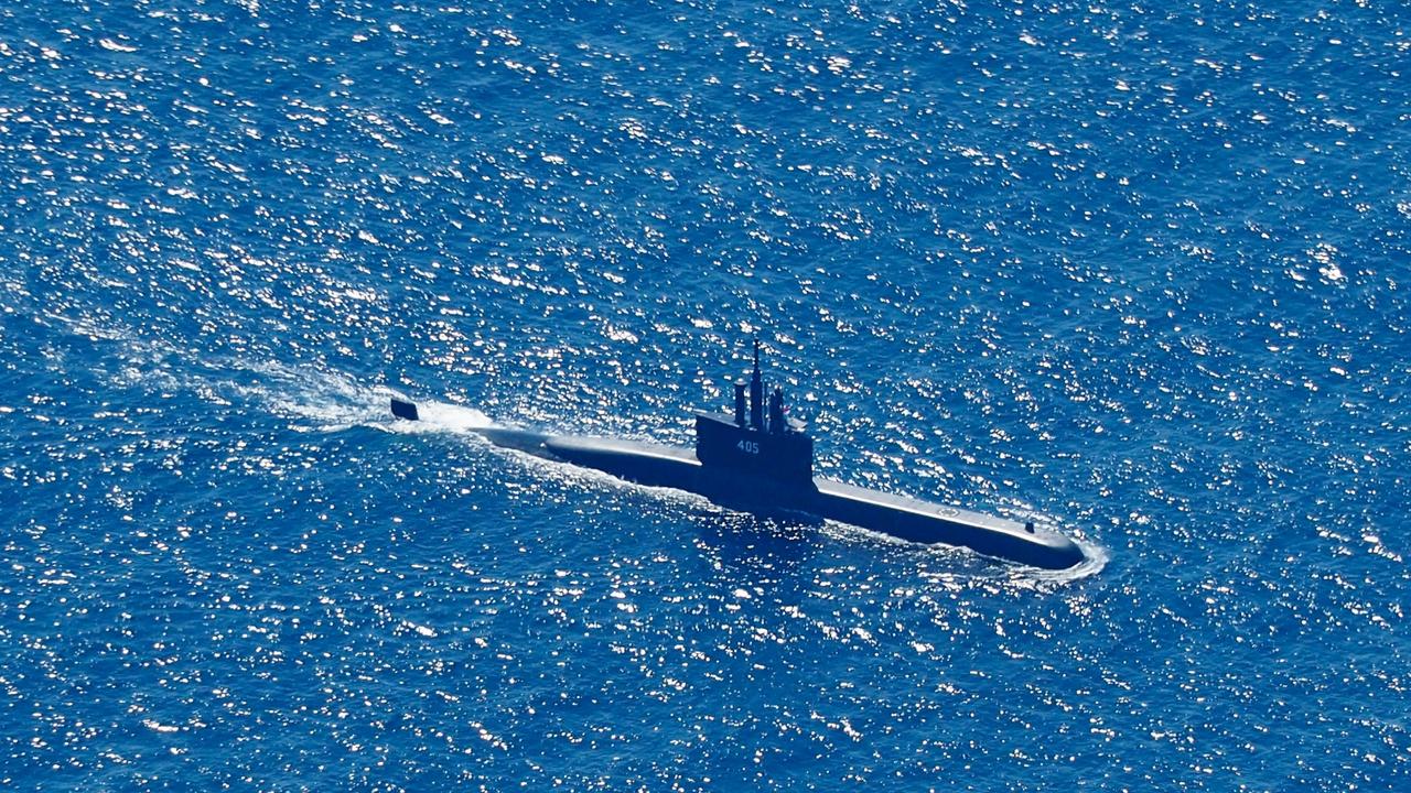 An aerial photo shows Indonesian Navy submarine KRI Alugoro sailing on a search mission for KRI Nanggala. Picture: EPA/Eric Ireng