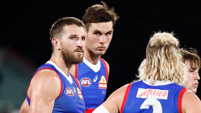 ADELAIDE, AUSTRALIA - APRIL 06: Marcus Bontempelli of the Bulldogs looks dejected after a loss during the 2024 AFL Round 04 match between the Western Bulldogs and the Geelong Cats at Adelaide Oval on April 06, 2024 in Adelaide, Australia. (Photo by Michael Willson/AFL Photos via Getty Images)