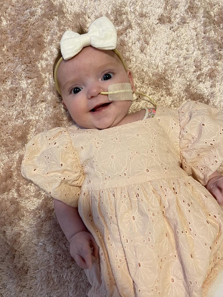 Wren Vodopic. Four months old. Wren is a very happy and loving little baby, very cuddly and loves having a conversation with you. She has been a strong fighter recently coming back home from open heart surgery at Royal Children's Hospital and is going good in her recovery.