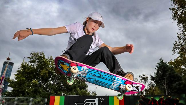 Haylie Powell, 13, will compete in The Australian Skateboarding League’s National Street Finals at Moomba. Picture: Alex Coppel.