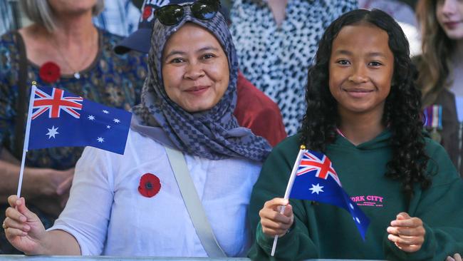 Ulfah and Nevada Rachman in Brisbane for the 2023 ANZAC Day March. Picture: NCA NewsWire / Glenn Campbell