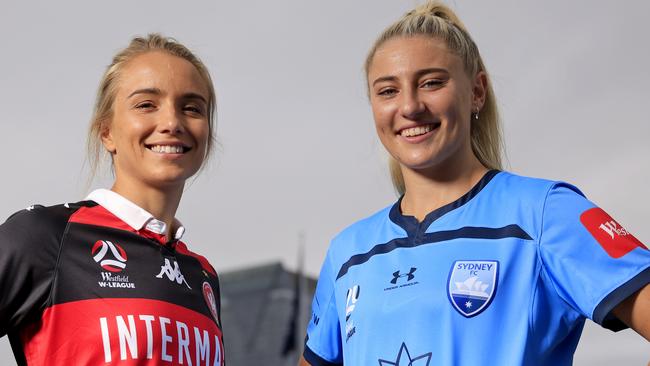 SYDNEY, AUSTRALIA - DECEMBER 14: Georgia Yeoman Dale of Western Sydney Wanderers poses with Remy Siemsen of Sydney FC during the Fox Sports A League season Launch at Darling Harbour on December 14, 2020 in Sydney, Australia. (Photo by Mark Evans/Getty Images)