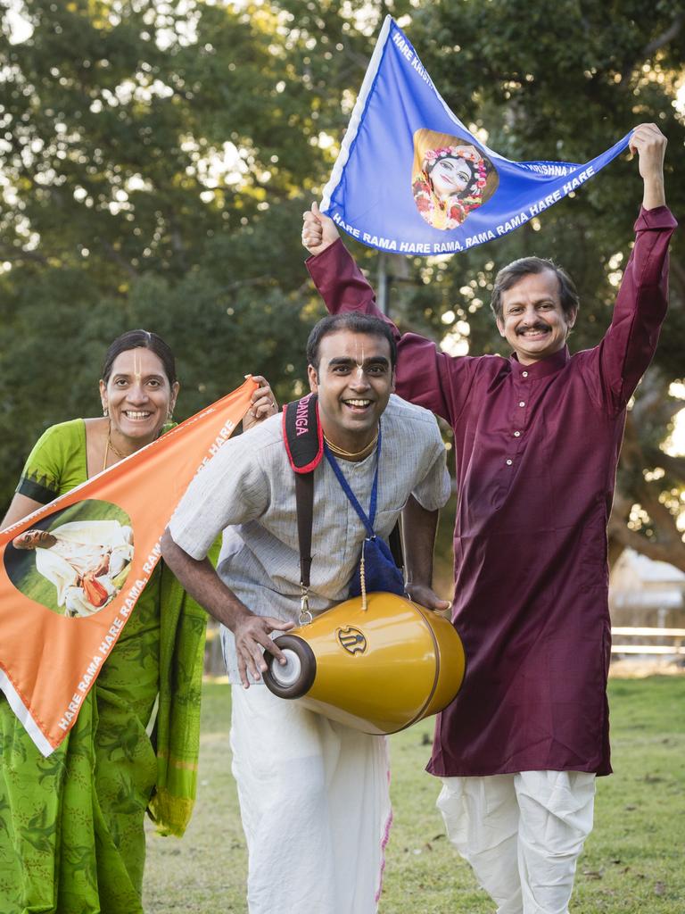 Getting into the spirit for the Hare Krishna Toowoomba Festival of Chariots are (from left) Jayshree Dasi, Dharmesh Patel and Yaju Mahida. Picture: Kevin Farmer