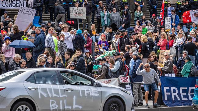 Something must explain the angry mob protests in Victoria. Picture: Jason Edwards