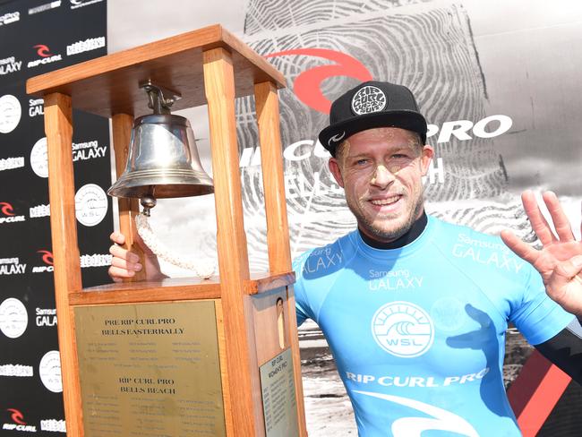 Bells Beach Mick Fanning wins his 4th Bells Beach Rip Curl Pro. Picture: Jason Sammon
