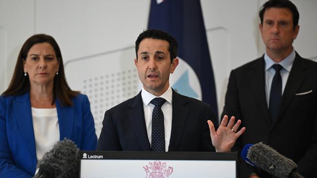 Premier David Crisafulli (centre) with Attorney-General Deb Frecklington and Police Minister Dan Purdie on Monday. Picture: Lyndon Mechielsen