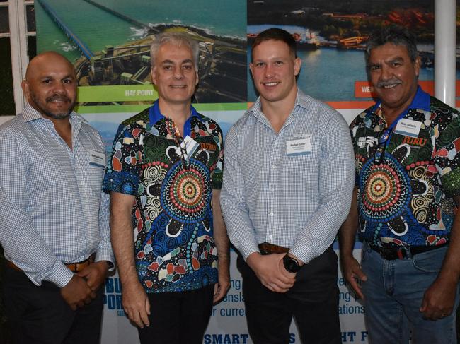 North Queensland Cowboys legend Matthew Bowen, North Queensland Bulk Ports CEO Nicolas Fertin, Cowboys hooker Reuben Cotter, and Juru Enterprises CEO Ricky Dallachy at the Reconciliation in Action event at Grand View Hotel, Bowen. Picture: Kirra Grimes.