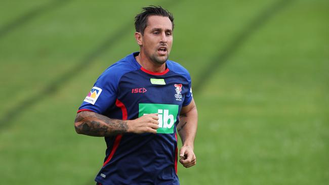 Mitchell Pearce hits the ground running during his first training session with his new club the Newcastle Knights. Picture: Brett Costello