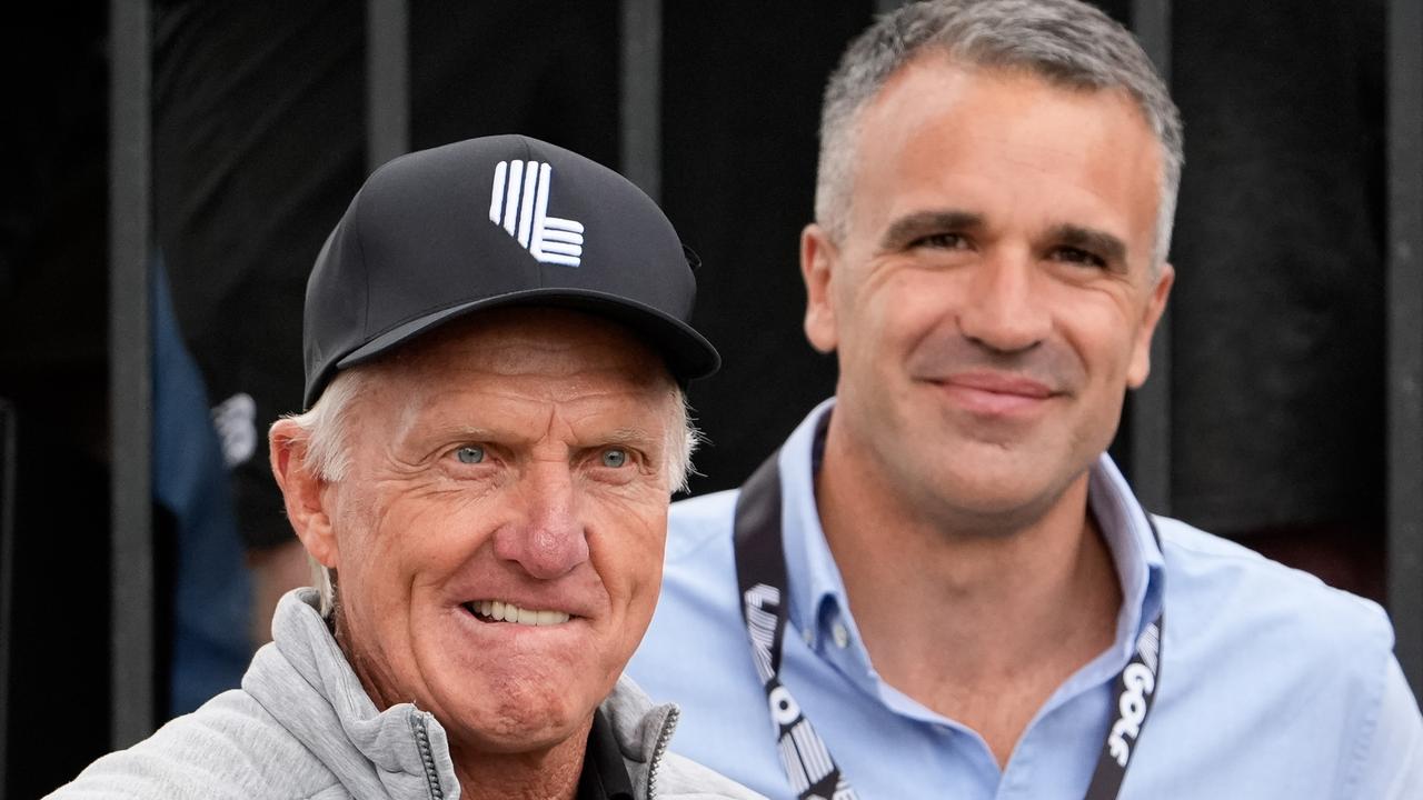 LIV golf boss Greg Norman with Premier Peter Malinauskas ... the Premier has been trying to generate a feel-good PR factor for SA through events such as the AFL Gather Round and LIV golf. Picture: Asanka Ratnayake/Getty Images