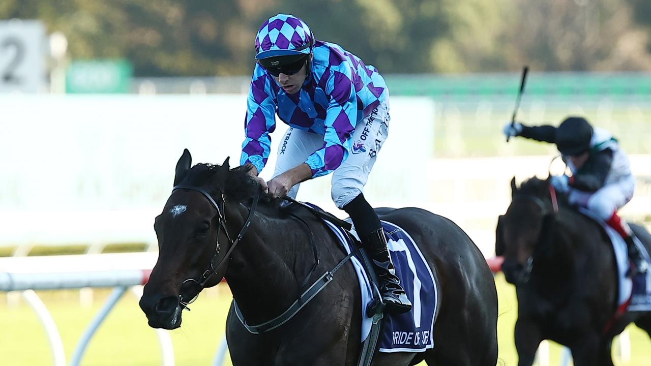 SYDNEY, AUSTRALIA - APRIL 13: Declan Bates riding Pride of Jenni wins Race 8 Queen Elizabeth Stakes during Sydney Racing: The Championships at Royal Randwick Racecourse on April 13, 2024 in Sydney, Australia. (Photo by Jeremy Ng/Getty Images)