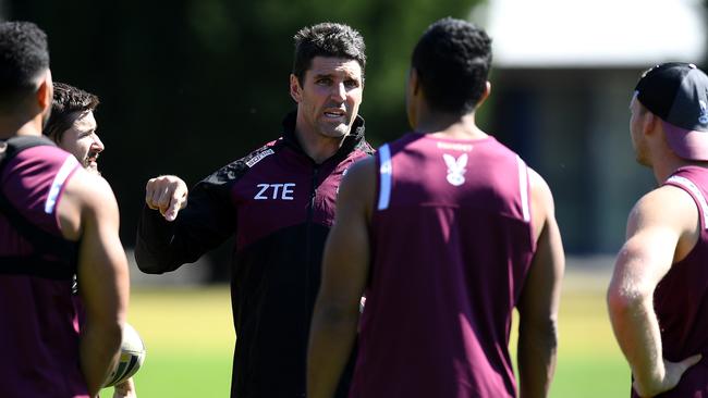 Manly Sea Eagles coach Trent Barrett gestures during a team training session.