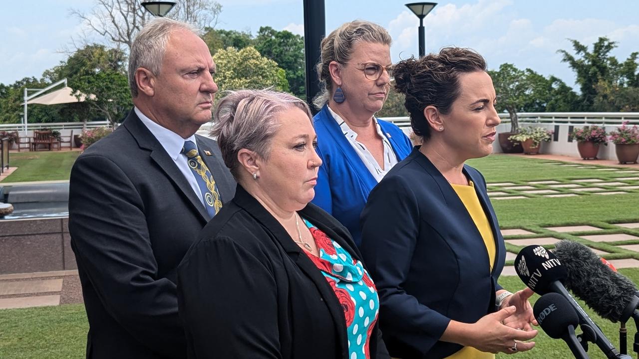 CLP ministers Steve Edgington and Marie-Clare Boothby, alongside Samara Laverty and Chief Minister Lia Finocchiaro, discussing the progress of Declan's Law, October 16, 2024. Picture: Alex Treacy