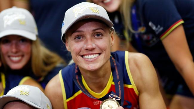 Erin Phillips of the Crows celebrates the 2022 AFLW Grand Final win. Photo by Dylan Burns/AFL Photos via Getty Images.