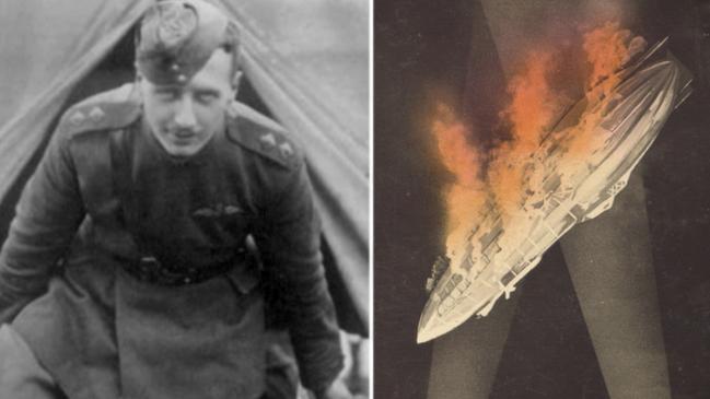 British Pilot Leefe Robinson, who shot down the first German Zeppelin in 1916 using Pomeroy bullets; and a postcard illustration to celebrate the feat.