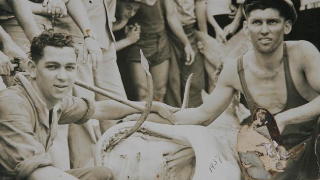 Gordon Doniger and Joe Doniger in October 1937 with the shark that killed <br/>Kirra lifeguards Norm Girvan and Jack Brinkley.