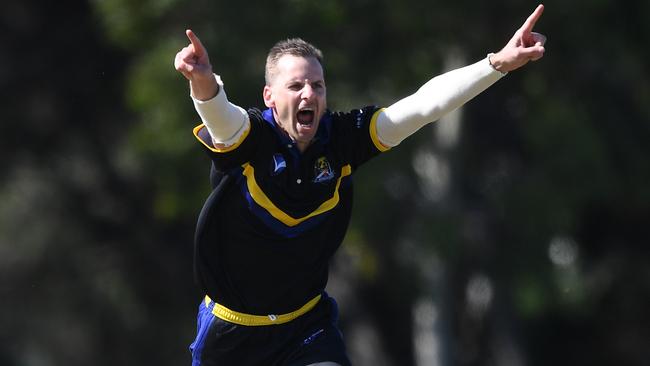 Luke Davis celebrates a wicket for St Bernard’s. Picture: Julian Smith