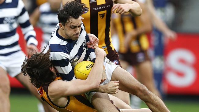 Day was banned for this tackle on Brad Close. Pic: Michael Klein