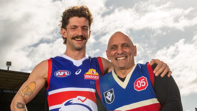 MELBOURNE, AUSTRALIA - AUGUST 01: Tom Liberatore and his dad Tony Liberatore poses for a photo during a Western Bulldogs AFL media opportunity at Whitten Oval on August 01, 2022 in Melbourne, Australia. (Photo by Darrian Traynor/Getty Images)