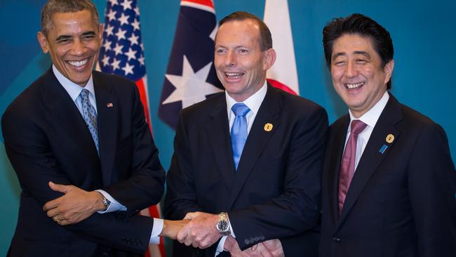 Former US President Barack Obama, Former Australian Prime Minister Tony Abbott and Former Japanese Prime Minister Shinzo Abe, pictured together at G20 Summit in 2016. Picture: Getty Images